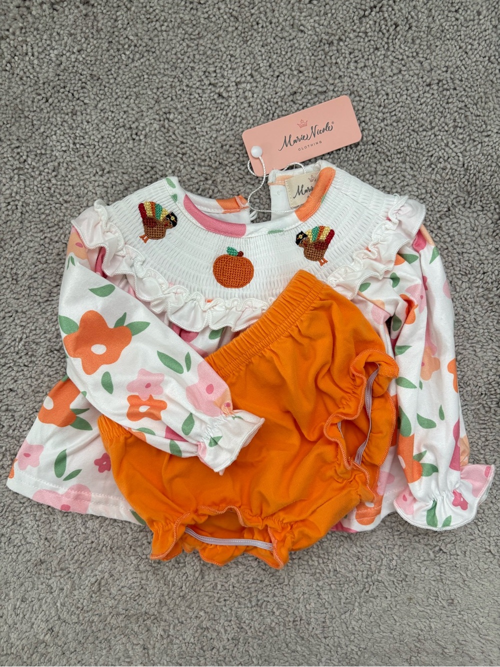 Marie Nicole Baby Turkey & Pumpkin Embroidered Ruffle Top & Bloomer Set